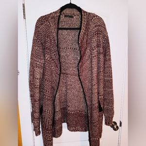 THML Faux Leather Trim Burgundy and Cream Cardigan Size Large